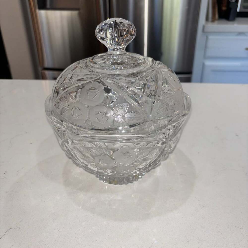 Vintage Clear Lead Crystal Etched Rose Lidded Candy Dish Bowl